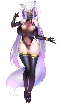 Rule 34 | 1girl, absurdres, animal ears, bare shoulders, blush, breasts, collar, corruption, elbow gloves, fox ears, fox shadow puppet, fox tail, gloves, hair ornament, highleg, highleg leotard, highres, huge breasts, kutan, leotard, long hair, looking at viewer, mizuki (kutan), mouth veil, naughty face, original, pinwheel, pinwheel hair ornament, pubic tattoo, purple eyes, seductive smile, see-through clothes, see-through leotard, see-through veil, smile, solo, tail, tattoo, thighhighs, veil, very long hair, white hair, wide hips, wrist cuffs