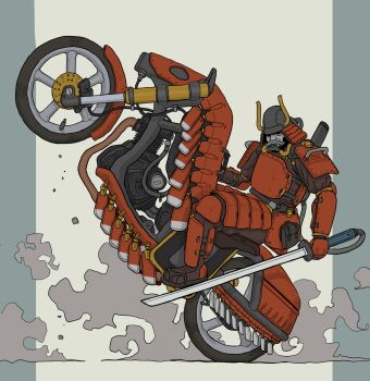 1boy armor dou gatling_santouhei helmet highres japanese_armor kabuto_(helmet) katana menpoo motor_vehicle motorcycle original samurai simple_background smoke solo sword weapon wheelie white_background