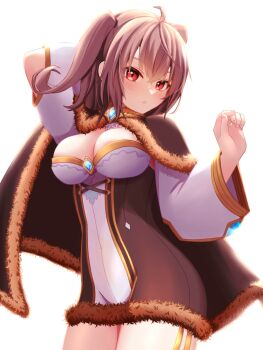 Rule 34 | 1girl, ahoge, blush, breasts, brooch, brown cape, brown dress, brown hair, cape, cleavage, commentary request, cowboy shot, dress, elbow cutout, expressionless, fur-trimmed cape, fur-trimmed dress, fur trim, hanakaoka okaka, jewelry, large breasts, looking at viewer, official alternate costume, ragnarok online, red eyes, short dress, simple background, solo, two side up, warlock (ragnarok online), white background, white dress