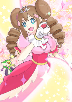 1girl :d absurdres blue_eyes brown_hair cape double_bun dress drill_hair gen_5_pokemon gloves hair_bun hair_ornament highres holding holding_poke_ball holding_wand ida_(idalol490) looking_at_viewer nintendo official_alternate_costume official_alternate_hairstyle open_mouth pink_dress poke_ball pokemon pokemon_(creature) pokemon_bw2 pokestar_studios puffy_short_sleeves puffy_sleeves rosa_(pokemon) short_sleeves smile snivy star_(symbol) tiara twin_drills wand white_gloves