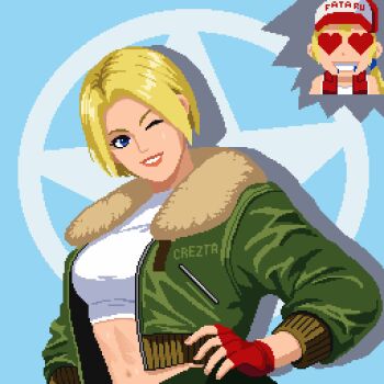 Rule 34 | 1girl, blonde hair, blue mary, breasts, coat, crezta , fatal fury, female focus, gloves, large breasts, pale skin, short hair, smile, the king of fighters