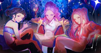 Rule 34 | 3girls, bare shoulders, black hair, black pants, blue shirt, blunt bangs, braid, breasts, brown eyes, closed mouth, crop top, cropped jacket, double bun, hair bun, highres, jacket, kpop demon hunters, long hair, looking at viewer, medium breasts, medium hair, midriff, mira (kpop demon hunters), multiple girls, pants, parted bangs, parted lips, pink hair, purple hair, red jacket, rumi (kpop demon hunters), shirt, short bangs, shorts, sidelocks, single braid, sitting, smile, sparkle, twintails, updo, upper body, white shirt, white shorts, yellow jacket, zhoartu, zoey (kpop demon hunters)