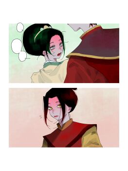 1boy 2girls amese_commentary avatar_legends azula black_hair blank_speech_bubble commentary commentary_request english_commentary grey_eyes hair_bun highres meomeolei mixed-language_commentary multiple_girls open_mouth speech_bubble talking toph_beifong yellow_eyes zuko