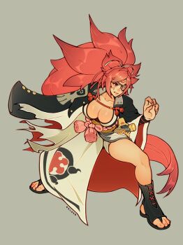 1girl amputee arm_guards armor baiken big_hair black_jacket black_kimono boots breasts cleavage clenched_teeth eyepatch facial_tattoo fighting_stance full_body greaves guilty_gear guilty_gear_strive highres jacket jacket_on_shoulders japanese_clothes kataginu katana kimono large_breasts long_hair multicolored_kimono one-eyed open-toe_boots open_clothes open_kimono oxcoxa pink_hair ponytail red_eyes samurai sandals sash scar scar_across_eye scar_on_face sheath simple_background skull_print solo sword tattoo teeth thighs torn_sleeve very_long_hair weapon