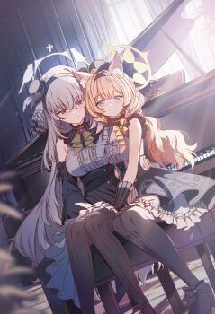 2girls animal_ear_fluff animal_ears black_choker black_hat black_skirt blue_archive blue_eyes blush breasts brown_pantyhose choker closed_mouth commentary_request cutlass_(classic_chocolate) frilled_choker frills grey_hair grey_halo halo hat highres instrument long_hair low_twintails mari_(blue_archive) mari_(idol)_(blue_archive) medium_breasts mini_hat multiple_girls official_alternate_costume orange_hair pantyhose piano sakurako_(blue_archive) sakurako_(idol)_(blue_archive) sitting skirt small_breasts smile twintails white_pantyhose yellow_halo yuri