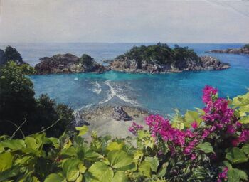 commentary_request day flower highres horizon island naohiro_ito no_humans ocean oil_painting_(medium) original painting_(medium) photorealistic pink_flower realistic rock scenery shadow shore sunlight traditional_media tree water