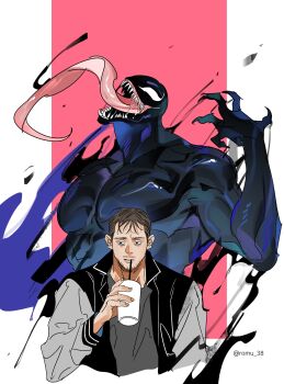 2boys absurdres artist_name black_eyes black_jacket border brown_hair commentary_request creature cup disposable_cup drinking drinking_straw eddie_brock facial_hair fingernails grey_shirt half-closed_eyes hand_up highres holding holding_cup jacket karmaho korean_commentary letterman_jacket long_sleeves looking_to_the_side male_focus marvel multiple_boys open_clothes open_jacket outside_border pink_background sharp_teeth shirt short_hair simple_background smile spider-man_(series) symbiote t-shirt teeth tongue tongue_out upper_body venom_(marvel) white_border