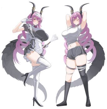 1girl absurdres alternate_costume apron arknights arm_up arms_behind_head arms_up asymmetrical_legwear black_choker black_dress black_horns black_shoes black_shorts black_socks black_thighhighs blush breasts choker closed_mouth collared_dress commentary dolphin_shorts dress drill_hair english_commentary enmaided fake_horns frilled_apron frills full_body hair_between_eyes high_heels highres holding holding_brush horns large_breasts leg_up long_hair looking_at_viewer maid maid_apron maid_headdress midriff mismatched_legwear multiple_views navel one_eye_closed puffy_short_sleeves puffy_sleeves purple_eyes purple_hair shirt shoes short_sleeves shorts simple_background skindentation socks spam_(spamham4506) standing standing_on_one_leg tail thick_thighs thigh_strap thighhighs thighs twin_drills typhon_(arknights) v white_background white_headdress white_shirt white_thighhighs