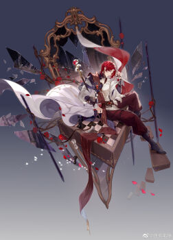 1boy absurdres arm_out_of_sleeve belt black_boots boots bow broken_mirror castle chess_piece chessboard chinese_clothes coat cuts dongfang_mao_qiu earrings fence floating_stairs flower forehead_jewel full_body gem gradient_background grey_background highres holding holding_staff hua_yi_shanxin_zhiyue injury jewelry jia_hua looking_at_viewer male_focus mirror official_art pants parted_bangs petals plant purple_bow purple_sash red_flower red_gemstone red_hair red_pants red_rose red_sash rose sash shards shirt short_hair shoulder_sash sitting smile solo staff thighlet thorns torn_clothes torn_shirt vines watermark weibo_watermark white_coat white_shirt