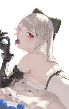 Rule 34 | 1girl, absurdres, artist name, black bow, blueberry, bow, breasts, drag-on dragoon, drag-on dragoon 3, eyelashes, flower, flower over eye, food, fruit, hair bow, hashtag-only commentary, highres, large breasts, long hair, looking at viewer, looking back, lying, mechanical arms, mercaxy, on stomach, pink flower, prosthesis, prosthetic arm, red eyes, single mechanical arm, solo, tongue, tongue out, twitter username, white background, white hair, zero (drag-on dragoon)