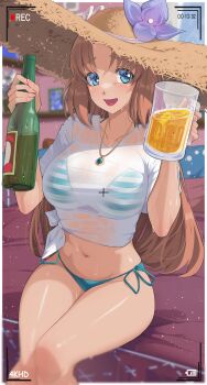 1girl absurdres alcohol battery_indicator beer beer_bottle beer_mug bikini bikini_under_clothes blue_eyes blush breasts brown_hair cleavage commission cup hat highres indoors large_breasts long_hair looking_at_viewer mug navel open_mouth ozzyart_0221 pixiv_commission recording see-through_clothes senki_zesshou_symphogear senki_zesshou_symphogear_xd_unlimited serena_cadenzavna_eve_(another) shirt sitting skindentation smile solo straw_hat striped_bikini striped_clothes swimsuit swimsuit_under_clothes tied_shirt vertical-striped_bikini vertical-striped_clothes very_long_hair wet wet_clothes