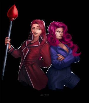 2girls absurdres alastor_(hazbin_hotel) angry blue_eyes blue_suit formal_clothes genderswap genderswap_(mtf) hazbin_hotel hellaverse highres humanization looking_at_another multiple_girls ornament purple_hair red_eyes red_hair red_suit rivalry short_hair smile smirk smug suit vox_(hazbin_hotel)