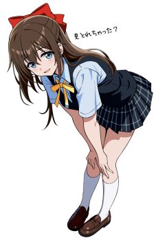 1girl absurdres blue_eyes blue_shirt blue_skirt blue_vest blush bow brown_hair collared_shirt commentary_request full_body hair_between_eyes hair_bow hands_on_own_knees highres kneehighs leaning_forward loafers long_hair looking_at_viewer love_live! love_live!_nijigasaki_high_school_idol_club neck_ribbon nijigasaki_school_uniform open_mouth osaka_shizuku plaid_clothes plaid_skirt pleated_skirt red_bow ribbon school_uniform shirt shoes short_sleeves sidelocks simple_background skirt smile socks solo summer_uniform translation_request vest white_background white_socks yellow_ribbon zaofeng