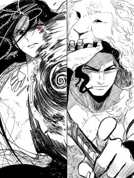 >:) 2boys abs angry blue_eyes bow_(weapon) closed_mouth commentary_request deep_wound disintegration earrings furrowed_brow greyscale hades_(ohitsuji_ei) hand_up head_chain hercules_(ohitsuji_ei) heterochromia highres holding holding_bow_(weapon) holding_weapon injury jewelry lion_pelt long_hair looking_at_viewer looking_down looking_up male_focus monochrome multiple_boys muscular muscular_male necklace ohitsuji_ei open_clothes open_robe parted_bangs pelt pointing red_eyes robe scowl short_hair single_sidelock smile smirk split_screen spot_color thick_eyebrows upper_body v-shaped_eyebrows wavy_sidelocks weapon white_background yukai_na_shintouki