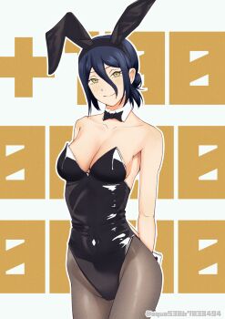 1girl animal_ear_hairband animal_ears black_bow black_bowtie black_hair black_leotard black_pantyhose bow bowtie breasts chainsaw_man commentary_request detached_collar fake_animal_ears hair_between_eyes hairband highres illust_aqua leotard medium_breasts pantyhose playboy_bunny rabbit_ear_hairband rabbit_ears reze_(chainsaw_man) short_hair smile solo strapless strapless_leotard text_background twitter_username white_background wrist_cuffs yellow_eyes