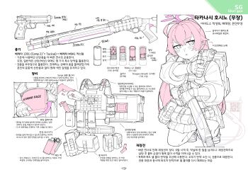 1girl absurdres aiming ammunition ammunition_pouch beretta_1301 beretta_92 blue_archive bulletproof_vest commentary flukhan gloves gun hair_between_eyes halo handgun highres holding holding_gun holding_weapon hoshino_(armed)_(blue_archive) hoshino_(blue_archive) information_sheet korean_commentary korean_text long_hair magazine_(weapon) multiple_views pink_hair pink_halo pouch reference_inset reloading school_uniform shotgun shotgun_shell simple_background tactical_school_uniform translation_request weapon weapon_focus white_background