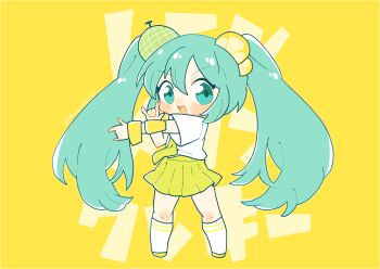 1girl aqua_eyes aqua_hair blush_stickers bracelet chibi chibi_only food-themed_hair_ornament hair_ornament hatsune_miku highres jewelry lemon_hair_ornament lemon_melon_cookie_(vocaloid) long_hair looking_at_viewer melon_hair_ornament necktie open_mouth shiro_(tiotolv) shirt shoes skirt smile socks solo text_background twintails vocaloid white_shirt white_socks yellow_background yellow_necktie yellow_shoes yellow_skirt