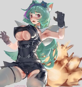 Rule 34 | animal ears, aqua hair, black bodysuit, black gloves, bodysuit, breasts, cameltoe, cat ears, cat girl, cleavage, covered erect nipples, explosion, giantbaby2 (giantbaby art), gloves, large breasts, long hair, looking at viewer, mint (neverness to everness), multicolored hair, neverness to everness, nipples, pink hair, solo, thighhighs, two-tone hair, underboob, very long hair, white thighhighs