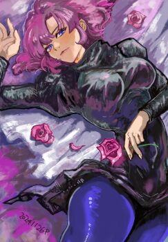 1girl 2024 blue_pantyhose breasts commentary dated flower gundam haman_karn highres holding holding_flower long_sleeves lying medium_hair okrdisk2000 on_back pantyhose parted_lips pink_flower pink_hair pink_rose purple_eyes redrawn rose solo zeta_gundam