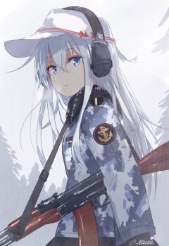 1girl ak-47 assault_rifle camouflage camouflage_jacket commentary_request earmuffs flat_cap gun gun_sling hair_between_eyes hammer_and_sickle hat hibiki_(kancolle) highres jacket kalashnikov_rifle kantai_collection koshka_pic long_hair long_sleeves looking_at_viewer official_alternate_costume outdoors patch rifle shoulder_patch solo star_(symbol) twitter_username upper_body verniy_(kancolle) verniy_(saury_festival)_(kancolle) weapon white_hair white_hat