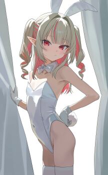 1girl absurdres animal_ears bow bowtie commentary_request detached_collar fake_animal_ears gloves highres leotard looking_at_viewer makaino_ririmu multicolored_hair nijisanji playboy_bunny pointy_ears rabbit_ears rabbit_tail red_eyes solo strapless strapless_leotard tail thighhighs tillots two-tone_hair virtual_youtuber white_gloves white_leotard white_thighhighs