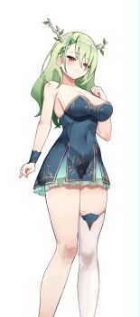 1girl antlers arm_at_side bare_shoulders blue_dress braid braided_bangs branch breasts ceres_fauna ceres_fauna_(1st_costume) closed_mouth covered_navel dress feet_out_of_frame green_hair hair_between_eyes hand_up highres hololive hololive_english horns large_breasts leaf light_blush light_smile long_hair looking_at_viewer mole mole_under_eye simple_background single_thighhigh skaarl_(artist) solo split_mouth standing strapless strapless_dress thighhighs virtual_youtuber white_background white_thighhighs yellow_eyes