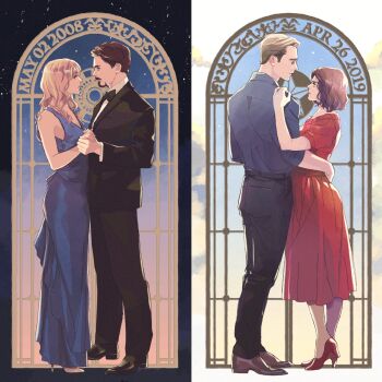 2boys 2girls avengers:_endgame avengers_(series) bare_shoulders belt black_belt black_bow black_bowtie black_footwear black_jacket black_pants black_sky blonde_hair blue_dress blue_eyes blue_shirt blue_sky bow bowtie brown_eyes brown_footwear brown_hair closed_mouth cloud cloudy_sky collared_jacket collared_shirt commentary_request couple day dress facial_hair formal_clothes full_body gradient_sky hand_on_another&#039;s_shoulder hand_up hetero high_heels highres holding holding_hands iron_man_(2008) iron_man_(series) jacket long_hair long_sleeves looking_at_another marvel marvel mochishio multiple_boys multiple_girls night night_sky pants peggy_carter pepper_potts pink_sky puffy_short_sleeves puffy_sleeves red_dress red_footwear shirt shoes short_hair short_sleeves sky sleeveless sleeveless_dress smile standing star_(sky) star_(symbol) starry_sky steve_rogers suit tony_stark white_footwear white_shirt window yellow_sky