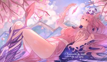 Rule 34 | 1girl, animal ear fluff, animal ears, artist name, breasts, character request, cleavage, closed mouth, commentary, copyright request, day, dress, english commentary, fingernails, gem, hair between eyes, hair spread out, hand up, hands up, highres, large breasts, long bangs, long hair, lying, micunchi, mountainous horizon, on back, outdoors, pink dress, pink gemstone, pink hair, pink nails, side slit, solo, tree, very long hair, virtual youtuber