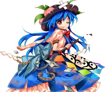 Rule 34 | 1girl, antinomy of common flowers, beaten, blue hair, blue skirt, bow, bowtie, bruise, bruised eye, diamond (shape), harukawa moe, hat, hinanawi tenshi, holding, holding sword, holding weapon, injury, official art, one eye closed, puffy short sleeves, puffy sleeves, scratches, short sleeves, skirt, sword, tachi-e, touhou, weapon