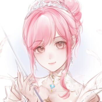 Rule 34 | 1girl, absurdres, blue background, brown eyes, chinese commentary, closed mouth, clothing cutout, collar, collarbone, commentary request, detached collar, dot nose, dress, earrings, eyelashes, feather earrings, feathers, glint, hair bun, hair intakes, happy, highres, holding, holding sword, holding weapon, infinity nikki, jewelry, lace collar, light blush, lips, melody bloom (infinity nikki), nikki (nikki), nikki (series), pink hair, pink lips, short hair with long locks, shoulder cutout, sidelocks, single hair bun, smile, solo, swept bangs, sword, tiara, tongli59580, two-tone background, updo, upper body, wavy hair, weapon, white background, white collar, white dress