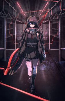 Rule 34 | 1girl, absurdres, black hair, black jacket, black serafuku, black shirt, black shoes, black skirt, black socks, blue eyes, breasts, chisa (wuthering waves), closed mouth, commentary, cs (connectedskyy), hair ribbon, highres, holding, holding sword, holding weapon, jacket, long hair, long sleeves, looking at viewer, medium breasts, mole, mole under eye, neckerchief, red neckerchief, red ribbon, ribbon, sailor collar, school uniform, serafuku, shaded face, shirt, shoes, skirt, socks, solo, standing, sword, thigh strap, torn clothes, torn socks, train interior, weapon, white sailor collar, wuthering waves