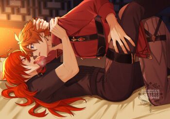 2boys bed black_pants black_shirt blue_eyes commentary_request diluc_(genshin_impact) earrings genshin_impact grey_pants highres hiki_yuichi jewelry long_hair lying male_focus multiple_boys open_mouth orange_hair pants red_eyes red_hair red_shirt saliva shirt short_hair single_earring tartaglia_(genshin_impact) tongue tongue_out yaoi