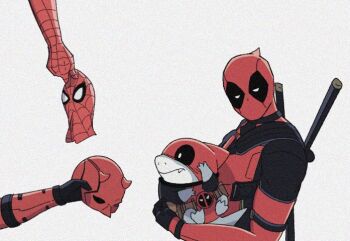 3boys animal belt black_bodysuit black_choker black_gloves bodysuit brown_belt choker cosplay daredevil daredevil_(netflix) deadpool deadpool_(cosplay) deadpool_(series) fake_horns fang fins fish_tail gloves half-closed_eyes helmet holding holding_animal holding_mask holding_unworn_helmet horned_helmet horns jeff_(marvel) katana looking_at_another looking_at_viewer marvel marvel_rivals mask multicolored_bodysuit multiple_boys pocket red_bodysuit red_mask shark shark_tail simple_background spider-man spider-man_(series) spider_web_print superhero_costume sword tail two-tone_bodysuit unworn_headwear unworn_helmet upper_body weapon weapon_on_back white_background wristband yamuoez