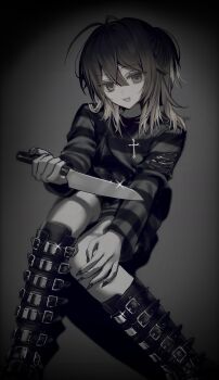 1girl artist_self-insert belt_boots black_nails black_shirt boots brown_eyes brown_hair character_request check_character cross cross_necklace fang feet_out_of_frame fingernails glint goth_fashion gradient_background grey_background grey_shirt hair_between_eyes hand_on_own_knee highres hinomiya_shou holding holding_knife jewelry knee_boots knees_together_feet_apart knife long_fingernails long_sleeves looking_at_viewer medium_hair muted_color necklace open_mouth original radial_gradient_background self-portrait shirt sitting smile solo striped_clothes striped_shirt torn_sleeve two-tone_shirt
