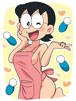 1girl apron barefoot black_hair blush commentary_request doraemon glasses heart highres ketsumoa naked_apron nobi_tamako one_eye_closed solo twintails
