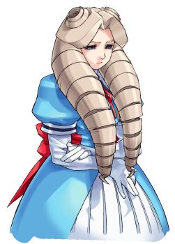 Rule 34 | 1girl, absurdres, aqua dress, back bow, blonde hair, blue eyes, bow, cropped legs, dress, drill hair, edaki shin'ya, elbow gloves, game cg, gloves, hand on own arm, highres, justice gakuen, kirishima yurika, light frown, moero! justice gakuen, non-web source, official art, puffy short sleeves, puffy sleeves, short sleeves, simple background, solo, standing, twin drills, white background, white gloves