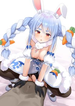 1boy 1girl animal_ear_fluff animal_ears arou_(arrow_x666) black_gloves blue_hair blush braid breasts breasts_out carrot carrot_hair_ornament carrot_in_pocket clothed_female_nude_male clothes_pull coat_dress commentary cowgirl_position don-chan_(usada_pekora) dress food-themed_hair_ornament fur-trimmed_gloves fur_scarf fur_trim girl_on_top gloves hair_ornament hetero highres hololive long_hair medium_breasts multicolored_hair nipples nude open_mouth pantyhose rabbit-shaped_pupils rabbit_ears rabbit_girl red_eyes sex short_eyebrows solo_focus spread_legs squatting_cowgirl_position straddling symbol-shaped_pupils thick_eyebrows torn_clothes torn_pantyhose twin_braids two-tone_hair usada_pekora usada_pekora_(1st_costume) virtual_youtuber white_hair