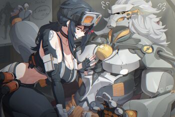 1boy 1girl banyue_(zenless_zone_zero) bare_shoulders black_choker black_gloves black_hair black_pants breasts brown_eyes choker cleavage collarbone commentary crop_top english_commentary fingerless_gloves gloves goggles goggles_on_head grace_howard grey_hair highres large_breasts long_hair looking_down navel pants ponytail robot roro_(tpghksdlzpq) stomach zenless_zone_zero