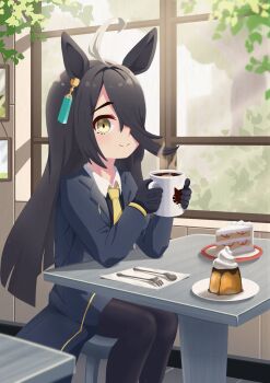 1girl absurdres ahoge animal_ears black_gloves black_hair black_pantyhose blush cake closed_mouth coat coffee coffee_mug collared_shirt cup ear_tag earrings food fork gloves hair_between_eyes hair_over_one_eye highres holding holding_cup horse_ears horse_girl indoors jewelry long_bangs long_hair long_hair_between_eyes long_sleeves looking_at_viewer manhattan_cafe_(creeping_black)_(umamusume) manhattan_cafe_(umamusume) mug multicolored_hair necktie on_stool pantyhose plate shirt single_earring sitting smile solo spoon stool table umamusume very_long_hair white_hair window yellow_eyes yellow_necktie yushacchiart