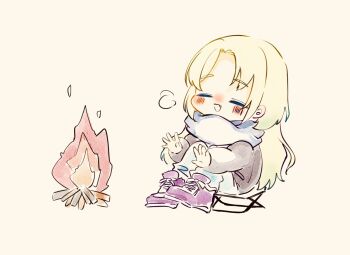 1girl :d black_coat blonde_hair blue_pants blue_scarf campfire camping chair chibi chibi_only coat commentary_request fang highres link!_like!_love_live! long_hair love_live! on_chair open_mouth osawa_rurino pants pink_shoes scarf shin_(shnnnnrn1) shoes simple_background sitting smile sneakers solo virtual_youtuber white_background