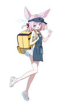 1girl absurdres alternate_costume animal_ear_fluff animal_ears apron bikini blue_apron blue_archive commentary_request fox_ears fox_girl fox_shadow_puppet highres inaba_reito insulated_delivery_bag niko_(blue_archive) pen pink_hair sandals short_hair swimsuit visor_cap white_bikini white_sandals