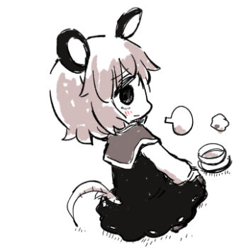 1girl animal_ears blush chibi closed_mouth clothing_cutout commentary_request cup dress kasuga_yuuki long_sleeves lowres monochrome mouse_ears mouse_girl mouse_tail nazrin profile puffy_long_sleeves puffy_sleeves saucer shirt simple_background sleeveless sleeveless_dress solo spot_color tail tail_through_clothes touhou white_background