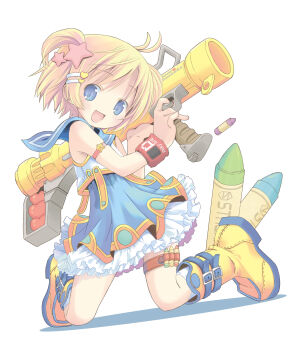 1girl absurdres blonde_hair boots child copyright_request crayon cute_weapon dress frills hair_ornament hairclip highres pop_(electromagneticwave) rocket_launcher short_hair solo weapon yellow_boots