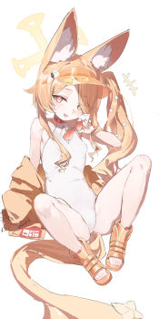 +++ 1girl :d above-cleavage_cutout absurdres animal_ear_fluff animal_ears arm_out_of_sleeve arm_support armpit_crease bare_legs bare_shoulders berserker_r bird_hat_ornament blonde_hair blue_archive breasts casual_one-piece_swimsuit chinese_commentary choker clothing_cutout collarbone commentary_request covered_navel cross_halo curly_sidelocks diamond_cutout dot_nose eyes_visible_through_hair feet fox_ears fox_girl fox_tail full_body gold_sandals groin_tendon hair_over_one_eye halo halo_behind_head halterneck hand_up highleg highleg_one-piece_swimsuit highres holding holding_removed_eyewear jacket jacket_partially_removed knees knees_apart_feet_together knees_up leaning_back legs_folded light_blush loli long_bangs long_hair long_sleeves looking_at_viewer low_drills m_legs multicolored_eyes off_shoulder one-piece_swimsuit open_clothes open_jacket open_mouth orange-tinted_eyewear orange_choker petite sandals seia_(blue_archive) seia_(swimsuit)_(blue_archive) side_part side_ponytail sidelocks simple_background sitting small_breasts smile solo spread_legs sticker swimsuit tail tail_ornament thighs tinted_eyewear toenails toes two-tone_eyes unworn_eyewear very_long_hair very_long_tail visor_cap white_background white_one-piece_swimsuit yellow_eyes yellow_halo yellow_jacket yellow_sandals yellow_tail yellow_visor