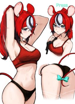 Rule 34 | 1girl, adjusting hair, animal ear fluff, animal ears, ass, black buruma, black hair, blue eyes, breasts, buruma, clothes writing, hakos baelz, highres, hololive, hololive english, looking at viewer, medium breasts, mouse ears, mouse tail, navel, ponytail, red hair, red sports bra, sports bra, standing, tail, thighs, towel, ttsyrene, virtual youtuber, white hair