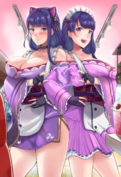 1other 3girls alternate_costume animal_ears ayaka_(genshin_impact) bare_shoulders black_gloves blue_hair blunt_bangs blush braid breasts cat_ears cleavage closed_mouth commentary cup detached_collar electricity embarrassed english_commentary fake_animal_ears fingerless_gloves frilled_sleeves frills genshin_impact gloves happy heart high_ponytail highres holding holding_cup huge_breasts indoors japanese_clothes kimono long_braid looking_at_viewer looking_to_the_side maid maid_headdress makoto_(genshin_impact) mole mole_under_eye multiple_girls nervous off_shoulder open_mouth outdoors pink_background ponytail purple_eyes purple_hair purple_kimono raiden_shogun razzdrawing red_sash sash siblings single_braid sisters smile standing thighs twins upper_body
