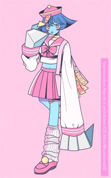 Rule 34 | 1girl, artist name, bandaid, bandaid on knee, bandaid on leg, blue hair, blue skin, blush stickers, colored skin, commentary request, darkstalkers, full body, hat, hsien-ko, jiangshi, lollipop in mouth, looking at viewer, midriff, motozaki mio, navel, ofuda, ofuda on head, pink serafuku, pink skirt, purple eyes, qingdai guanmao, school uniform, serafuku, short hair, skirt, socks, solo, twitter username, white socks