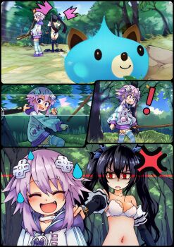 ! 2girls absurdres accidental_exposure aderyn ai-assisted anger_vein angry black_boots black_hair boots bra breasts choujigen_game_neptune collarbone creature dogoo flat_chest forest grabbing_another&#039;s_shoulder hair_ornament hair_ribbon highres holding holding_sword holding_weapon hood hoodie long_hair medium_breasts multiple_girls nature navel neptune_(neptunia) neptune_(series) noire_(neptunia) panties purple_hair purple_shoes red_eyes ribbon shoes short_hair socks striped_clothes striped_socks sweatdrop sword torn_clothes tree twintails underwear weapon white_bra white_hoodie white_panties wooden_sword you_gonna_get_raped