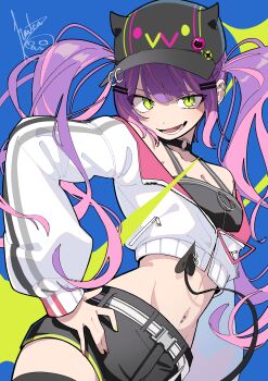 1girl absurdres bibi_(tokoyami_towa) black_choker black_shorts blue_background breasts character_hat choker cleavage commentary_request cropped_jacket demon_tail green_eyes green_nails hair_ornament hairclip hanten_(hantennano) highres hololive long_hair lower_teeth_only multicolored_nails nail_polish navel navel_piercing o-ring o-ring_choker piercing pink_nails purple_hair short_shorts shorts signature simple_background solo tail teeth tokoyami_towa tokoyami_towa_(1st_costume) twintails virtual_youtuber