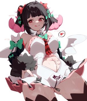 1girl absurdres aqua_bow black_hair black_thighhighs bow breasts clothing_cutout commentary dress hair_bow heart heart-shaped_pupils highres licking_lips mawe127 medium_breasts multicolored_hair multiple_hair_bows nangong_yu navel navel_cutout pink_hair red_bow red_eyes simple_background solo spoken_heart symbol-shaped_pupils thighhighs thighs tongue tongue_out twintails two-tone_hair white_background white_dress white_wings wings zenless_zone_zero